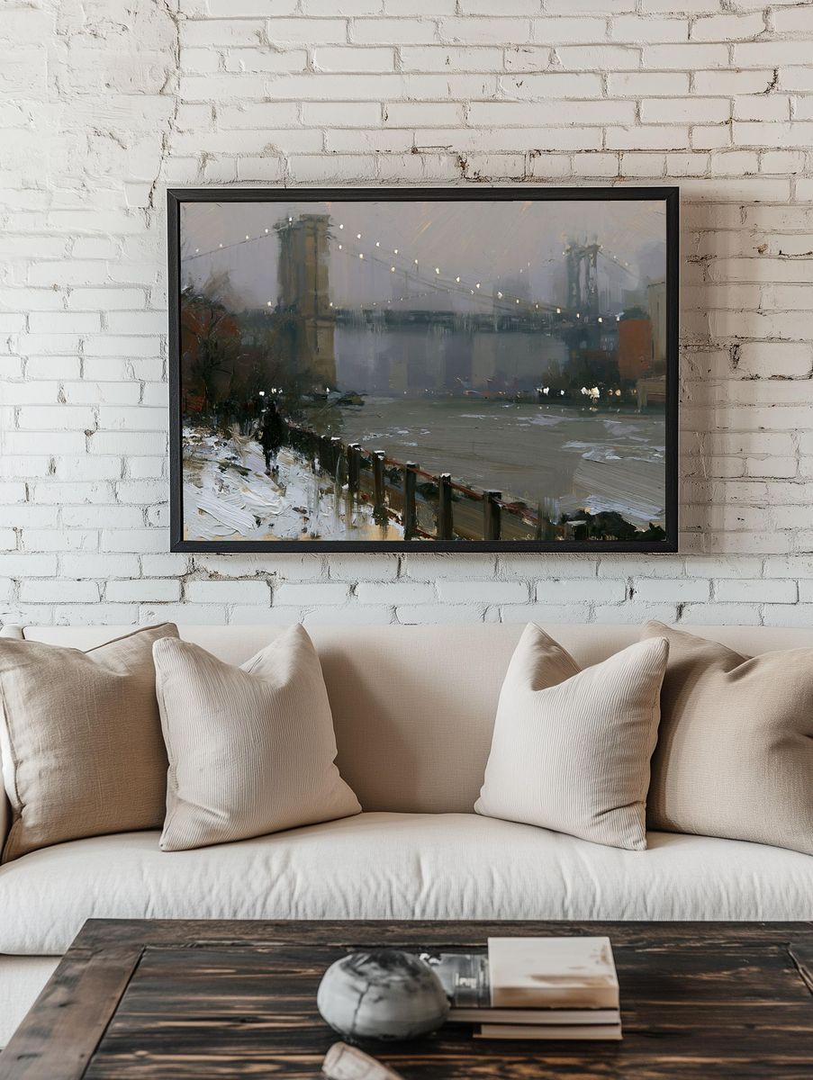 Brooklyn Bridge Winter Cityscape Print. room preview