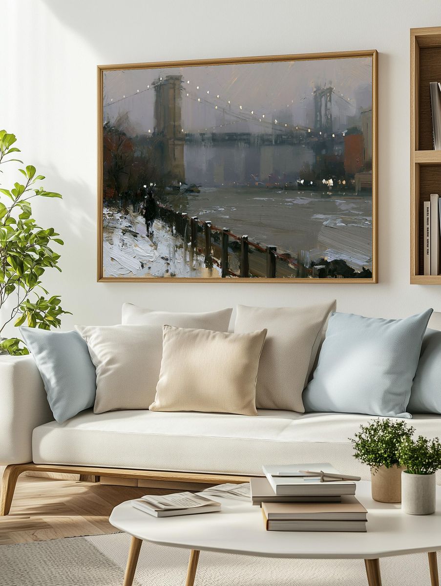 Brooklyn Bridge Winter Cityscape Print. — room view 2