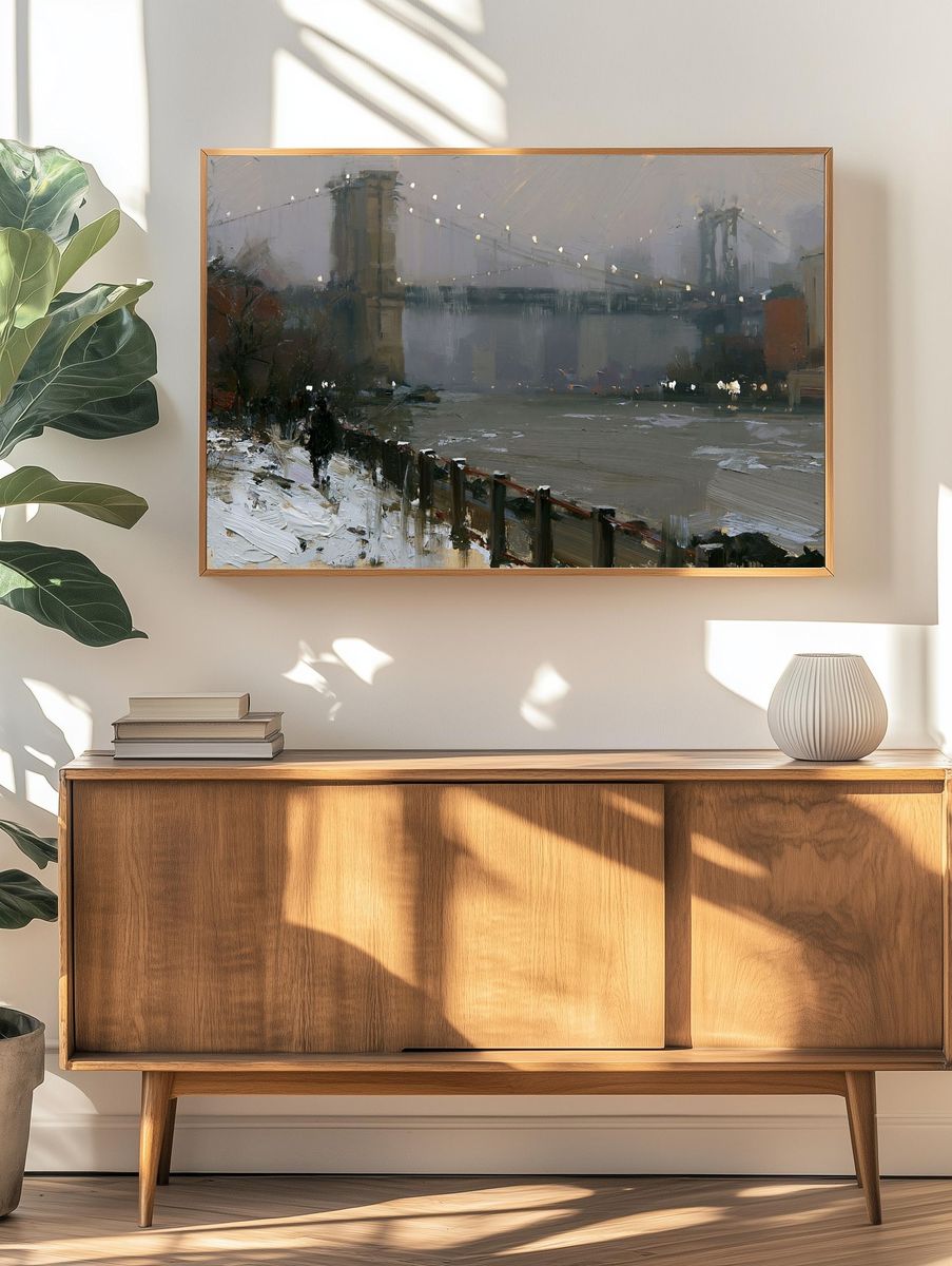 Brooklyn Bridge Winter Cityscape Print. — room view 3