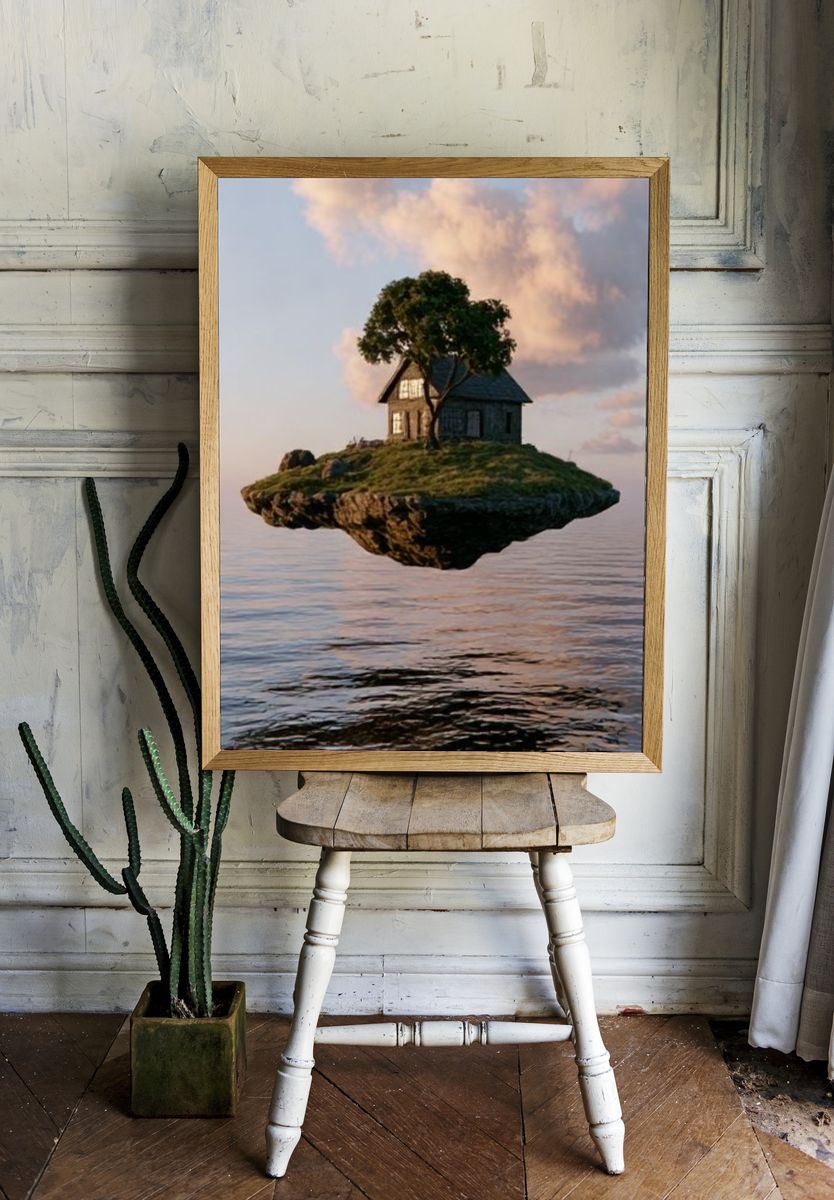 Floating Island House Surrealism Print. — room view 1
