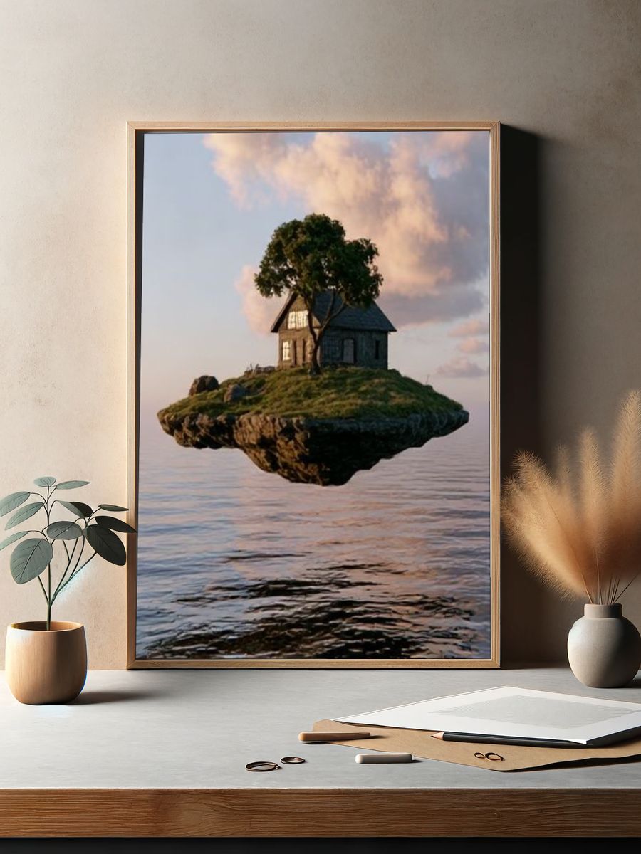 Floating Island House Surrealism Print. — room view 2
