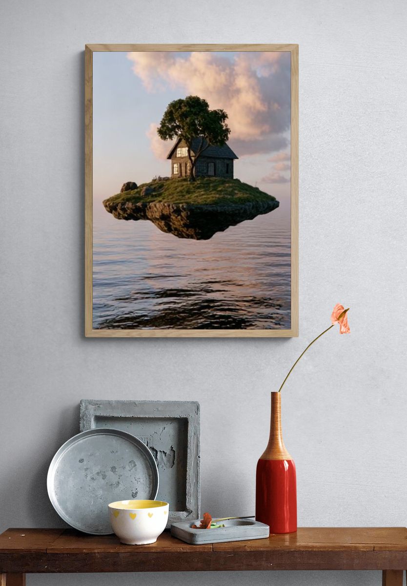 Floating Island House Surrealism Print. — room view 3