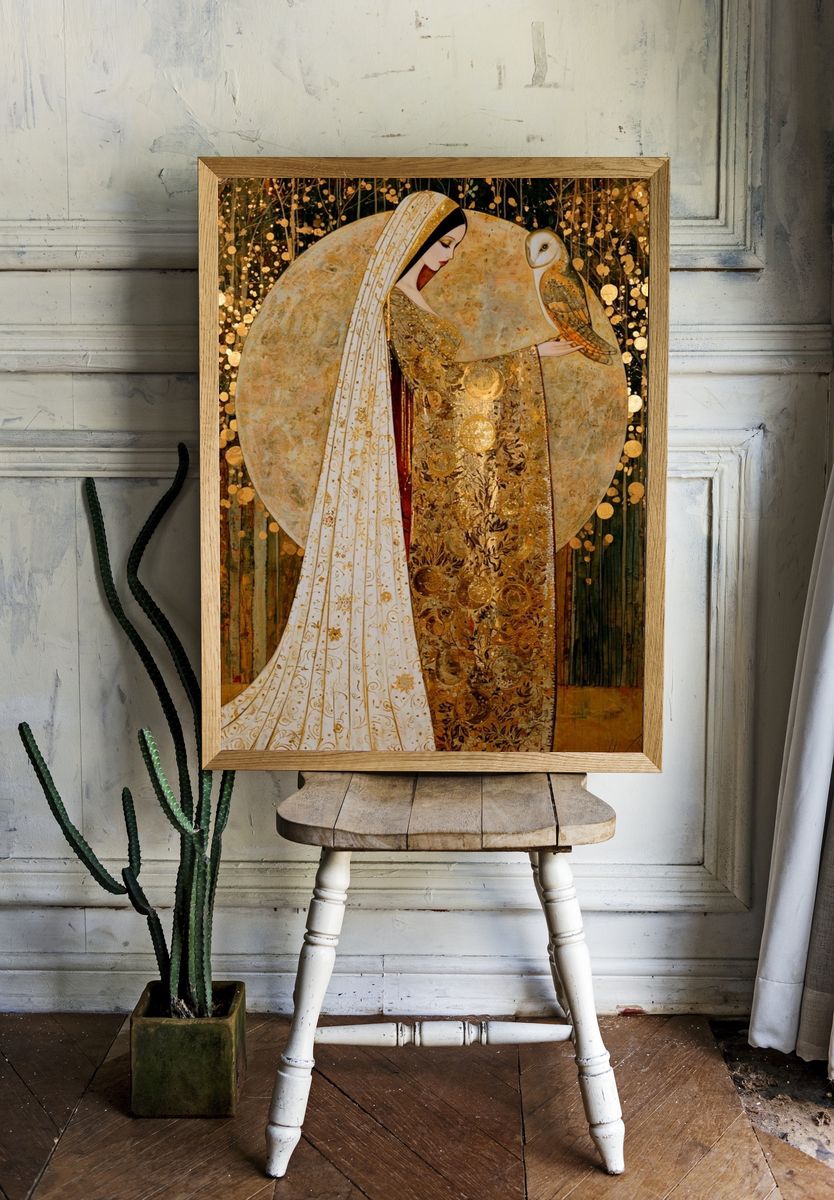 Golden Woman and Owl Fine-Art Print. room preview