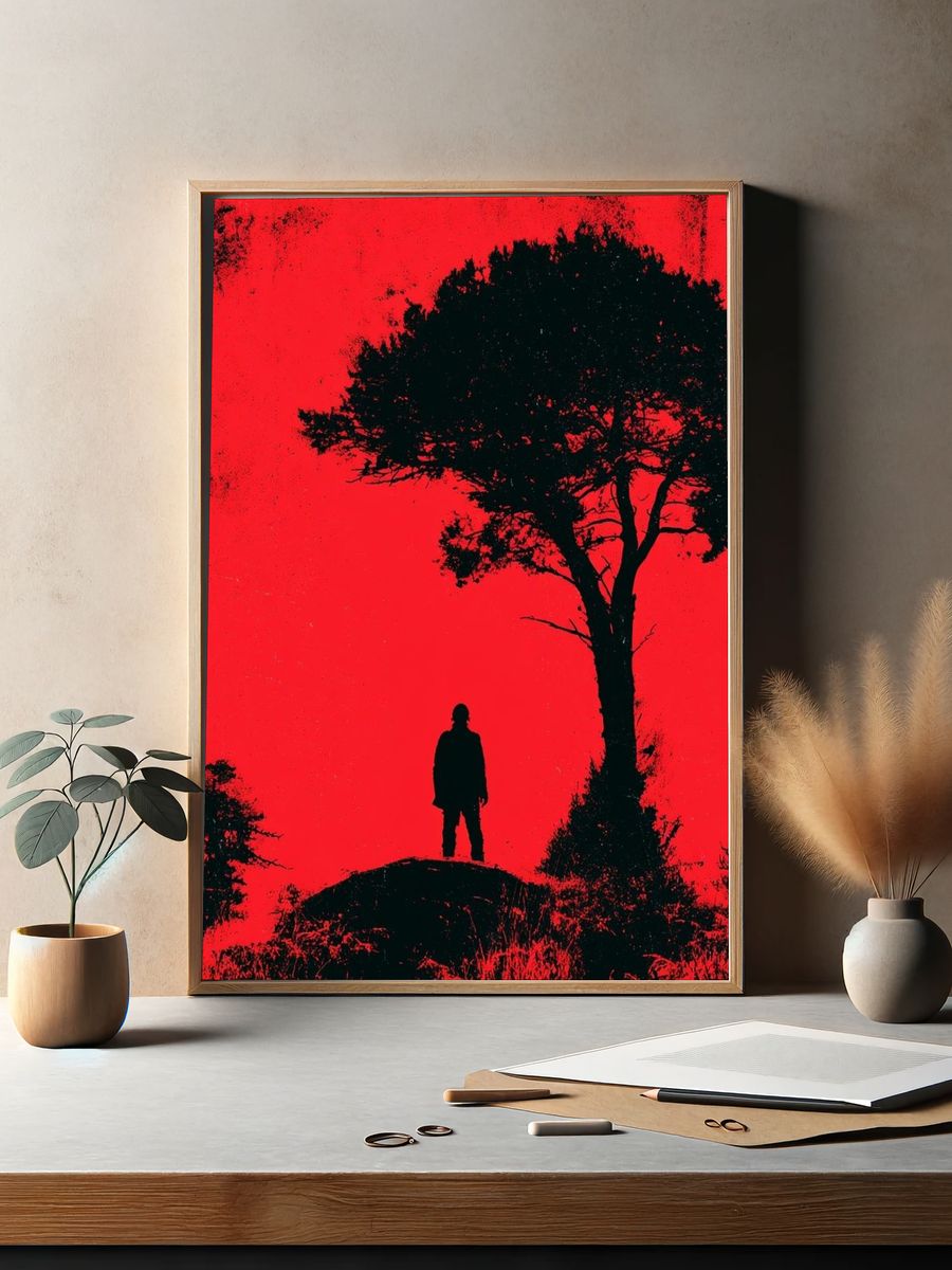 Red Silhouette Forest Horror Print. — room view 2