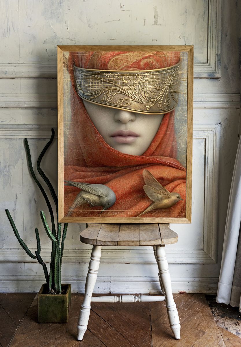 Masked Woman with Birds Fine-Art Print. — room view 1