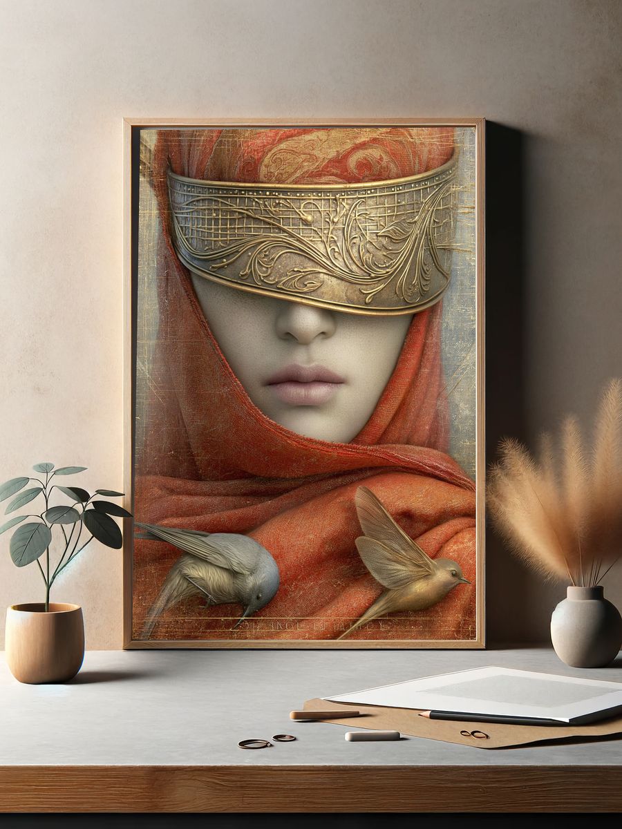 Masked Woman with Birds Fine-Art Print. — room view 2