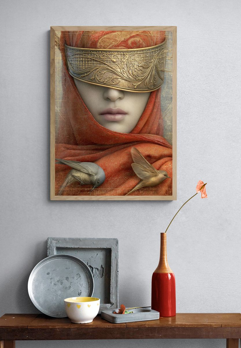 Masked Woman with Birds Fine-Art Print. — room view 3