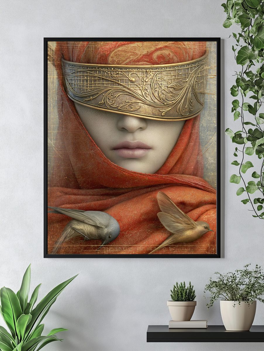 Masked Woman with Birds Fine-Art Print. — room view 4