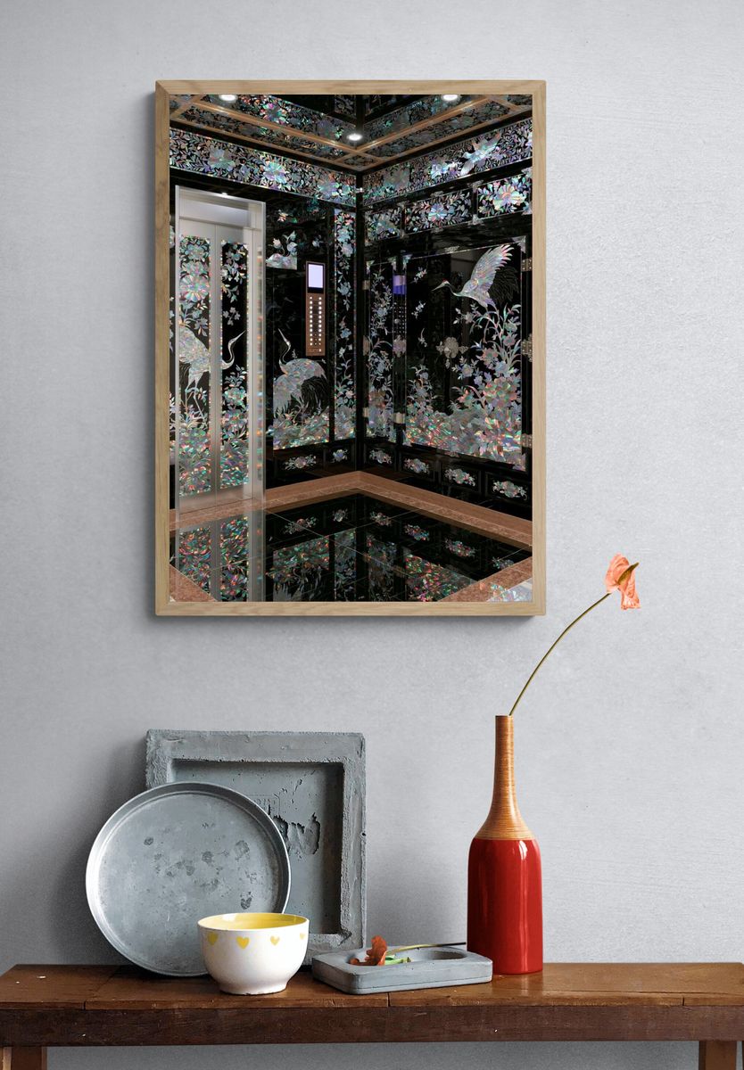 Iridescent Crane Interior Poster. — room view 3