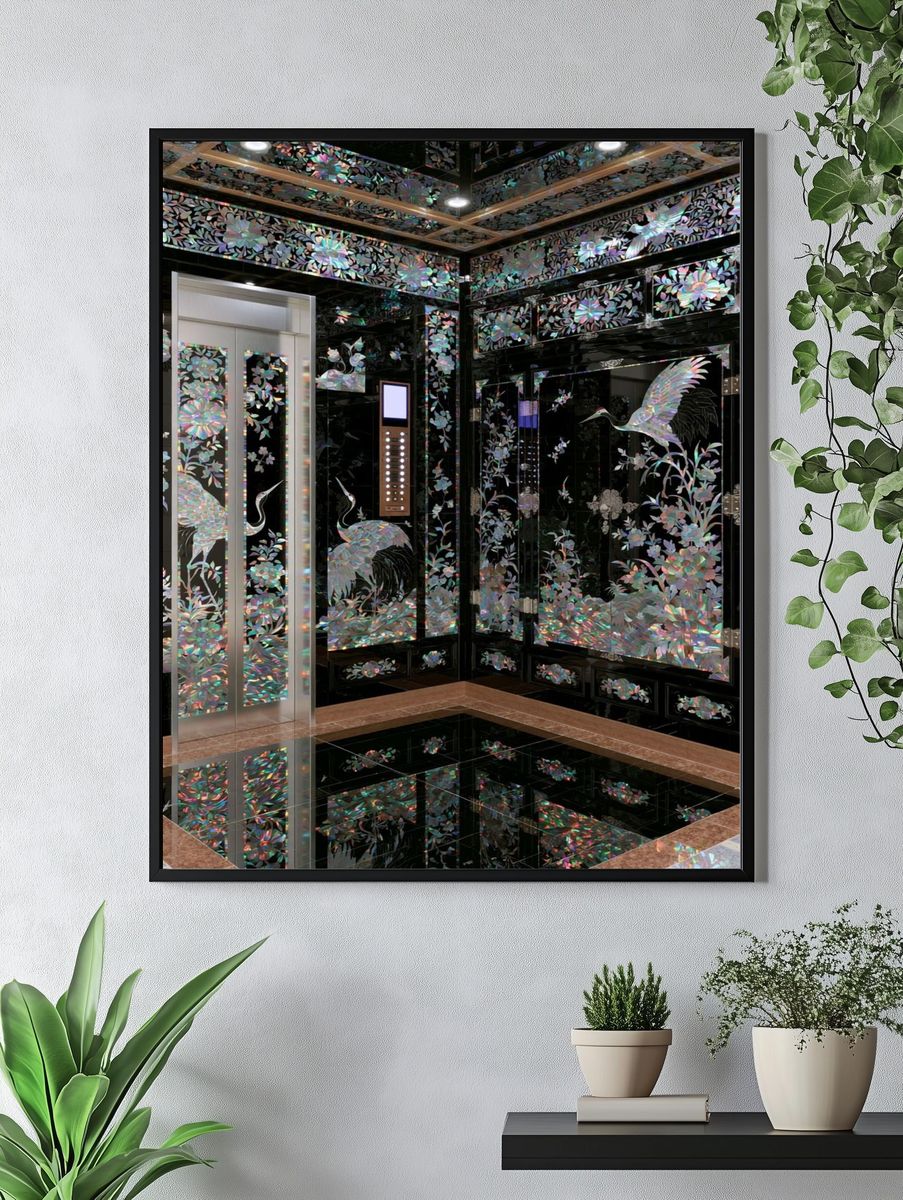 Iridescent Crane Interior Poster. — room view 4