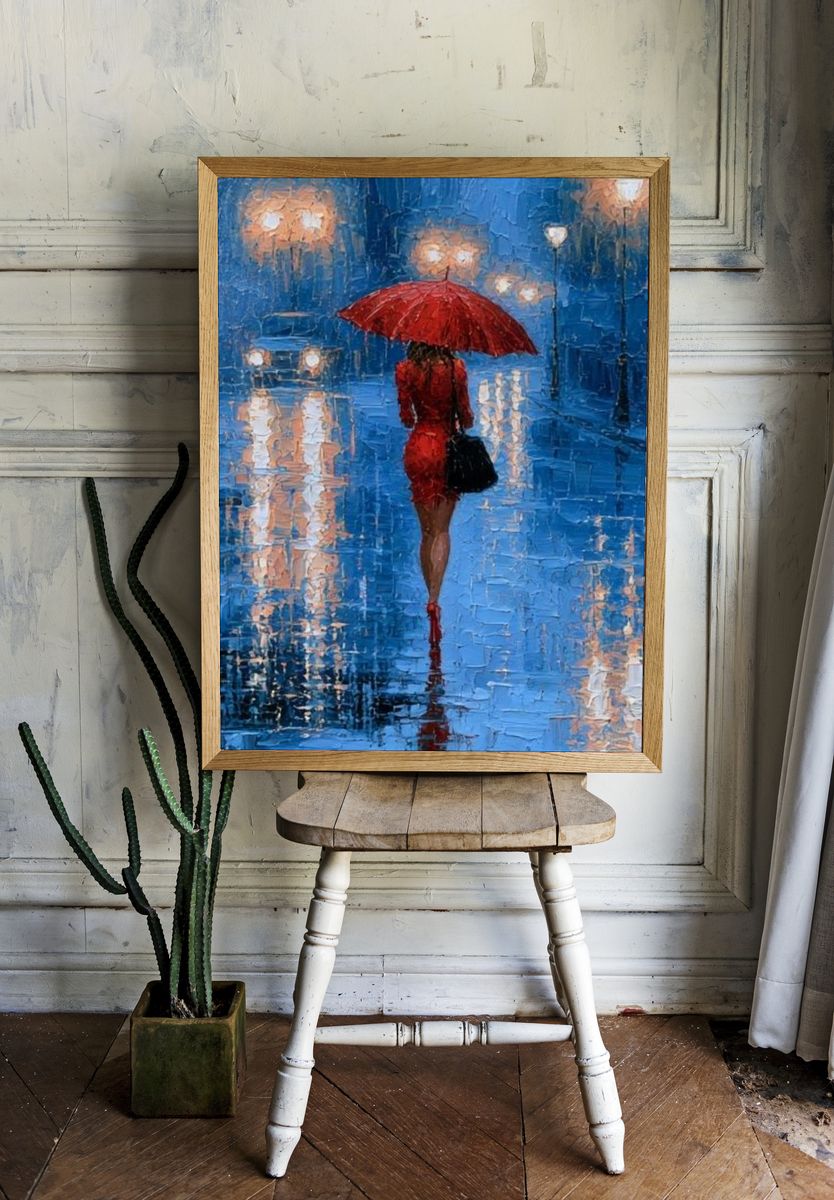 Red Umbrella Rainy Street Poster. — room view 1