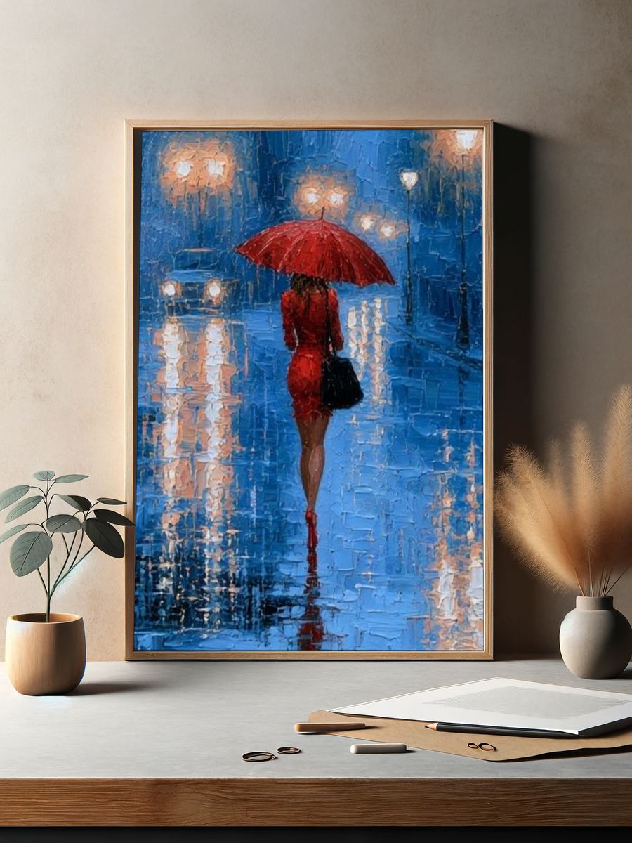 Red Umbrella Rainy Street Poster. — room view 2