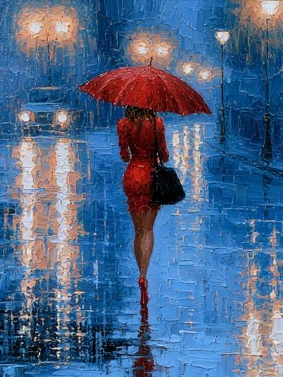 Red Umbrella Rainy Street Poster.