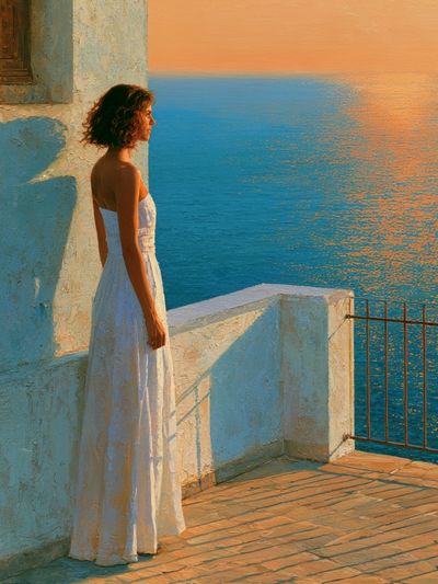 Seaside Woman at Sunset Print. poster