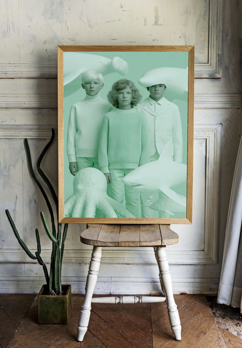 Mint Surreal Children and Sea Creatures Print. room preview