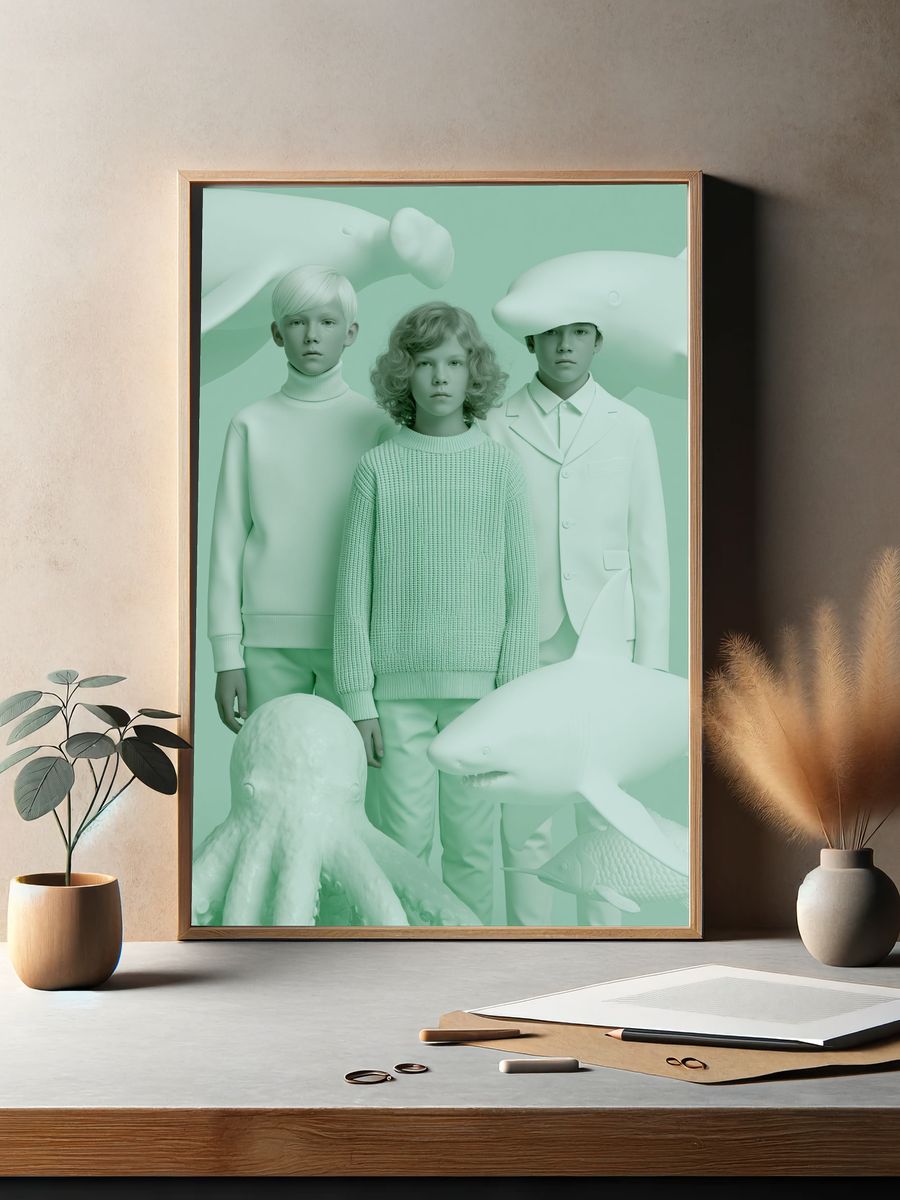 Mint Surreal Children and Sea Creatures Print. — room view 2