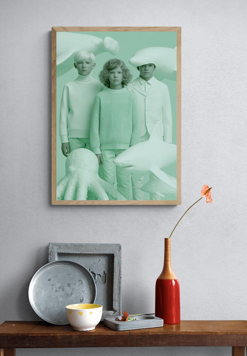 Mint Surreal Children and Sea Creatures Print. — room view 3