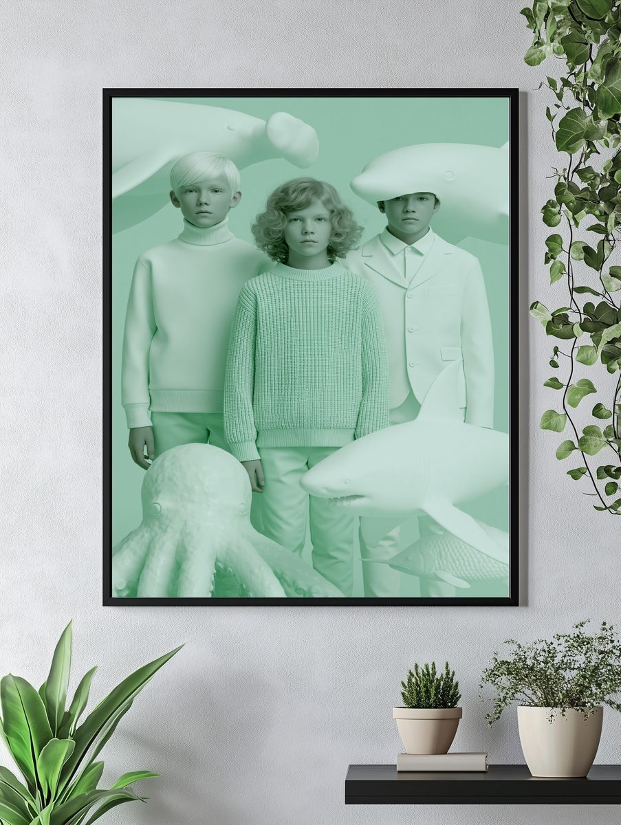 Mint Surreal Children and Sea Creatures Print. — room view 4