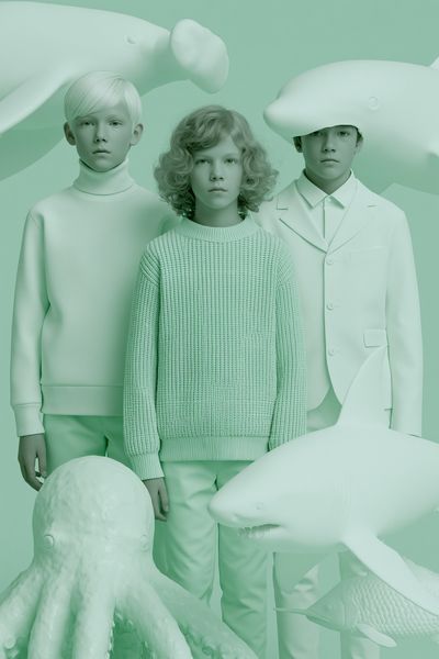 Mint Surreal Children and Sea Creatures Print.