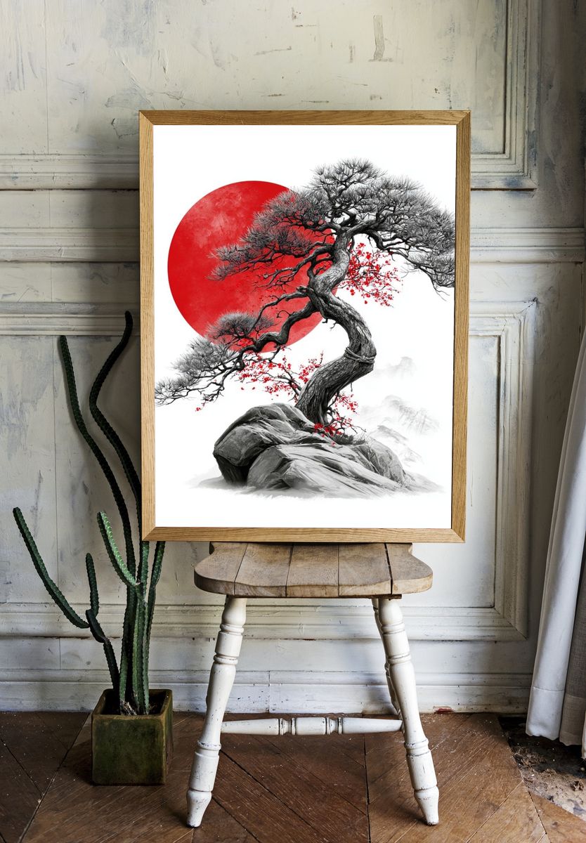 Red Sun Bonsai Ink Print. room preview