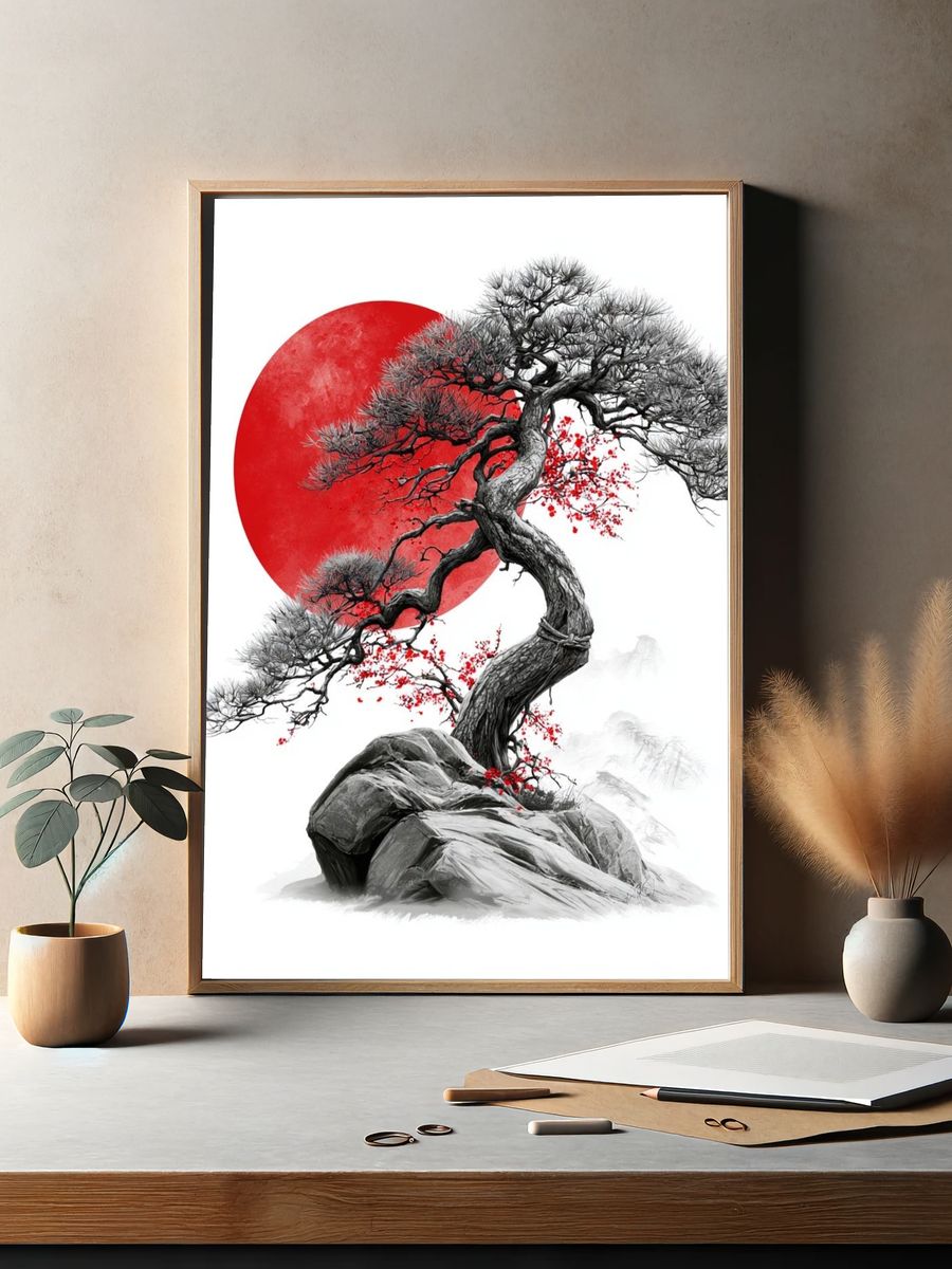 Red Sun Bonsai Ink Print. — room view 2