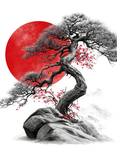 Red Sun Bonsai Ink Print.