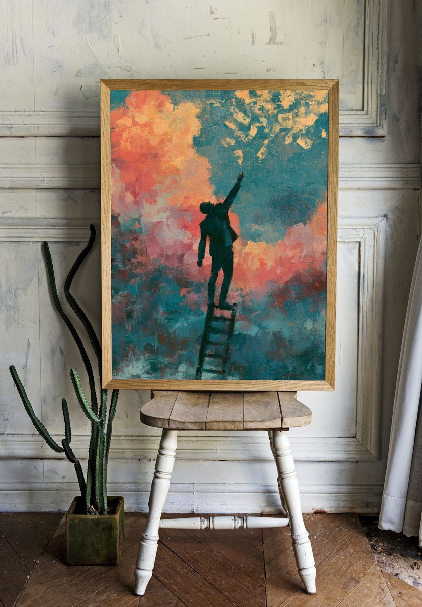 Dreamer on Ladder Fine-Art Poster. room preview