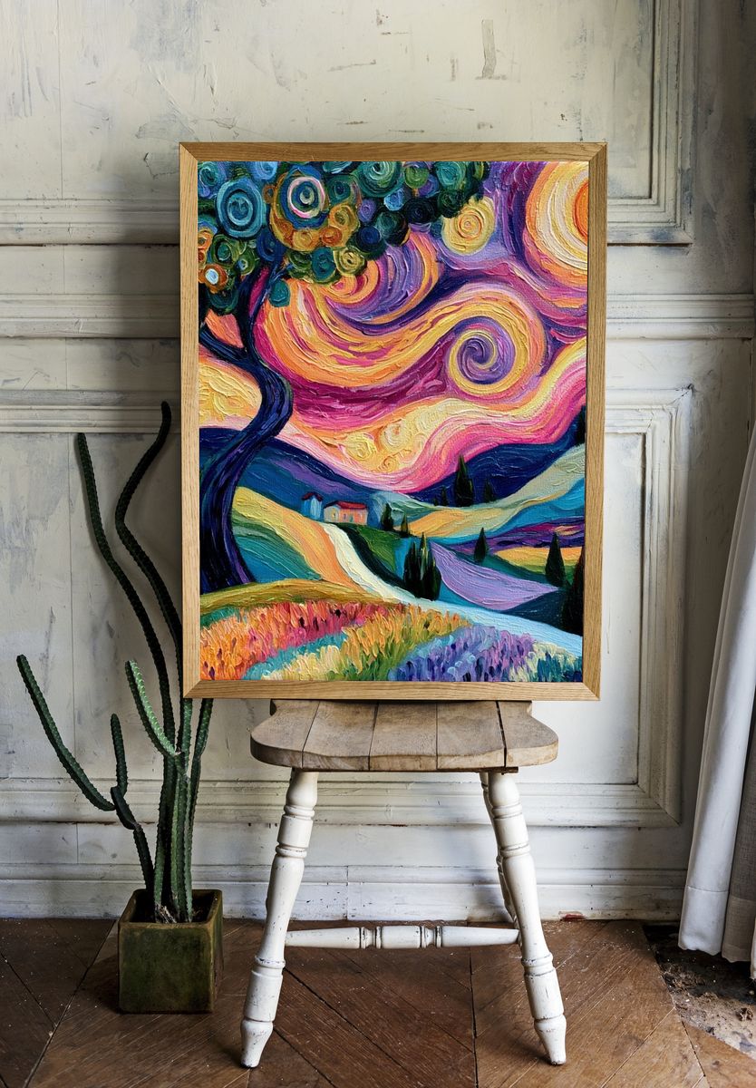 Whimsical Starry Landscape Print. room preview