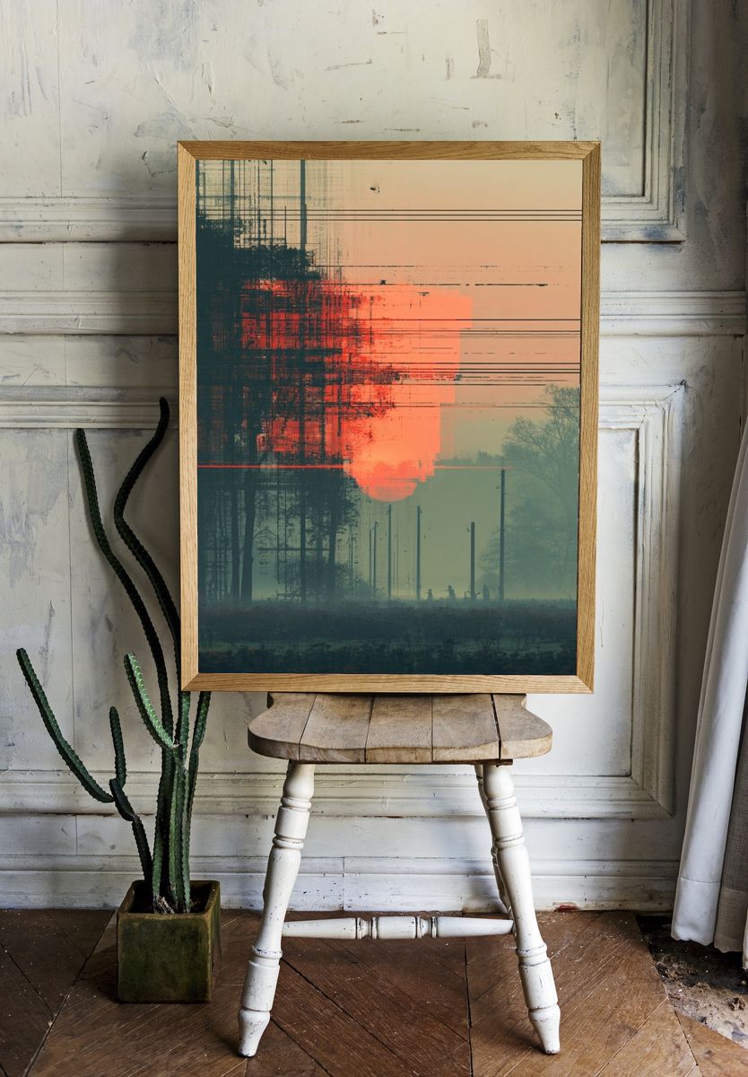 Glitch Sunset Landscape Print. room preview