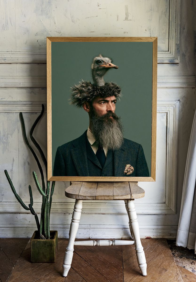 Surreal Ostrich Portrait Print. room preview