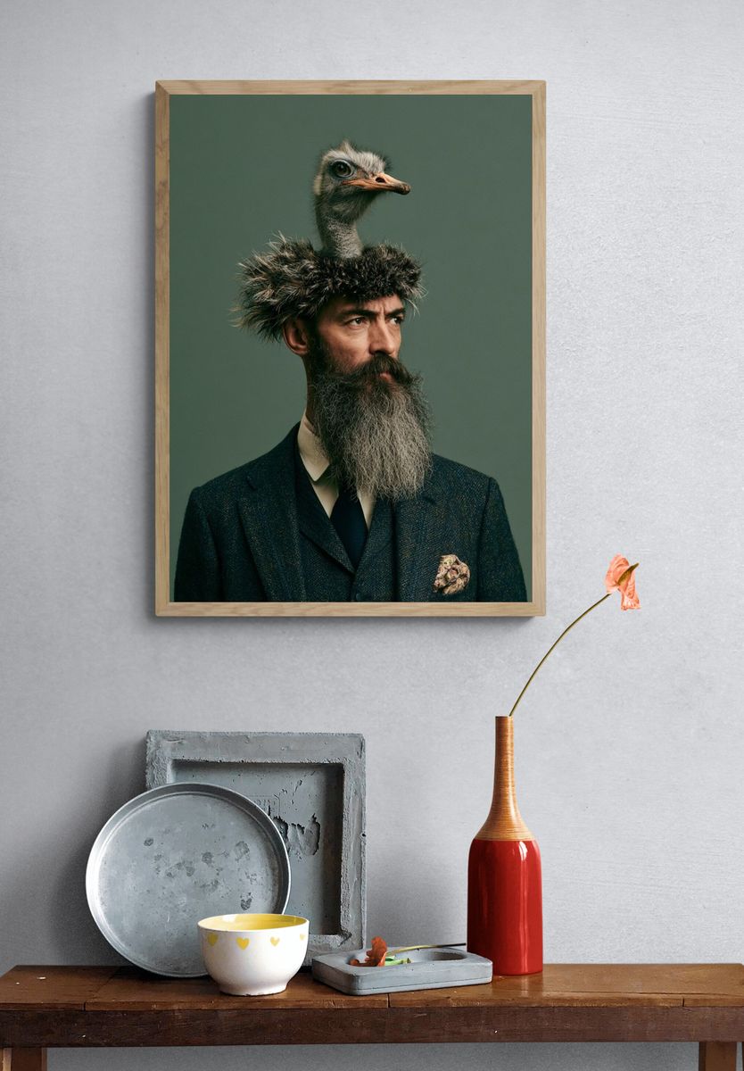 Surreal Ostrich Portrait Print. — room view 3