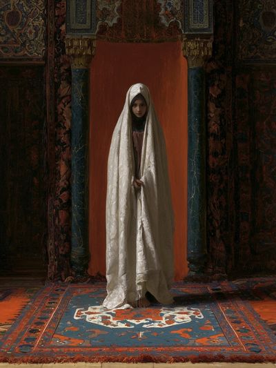 Veiled Figure in Ornate Interior Print.
