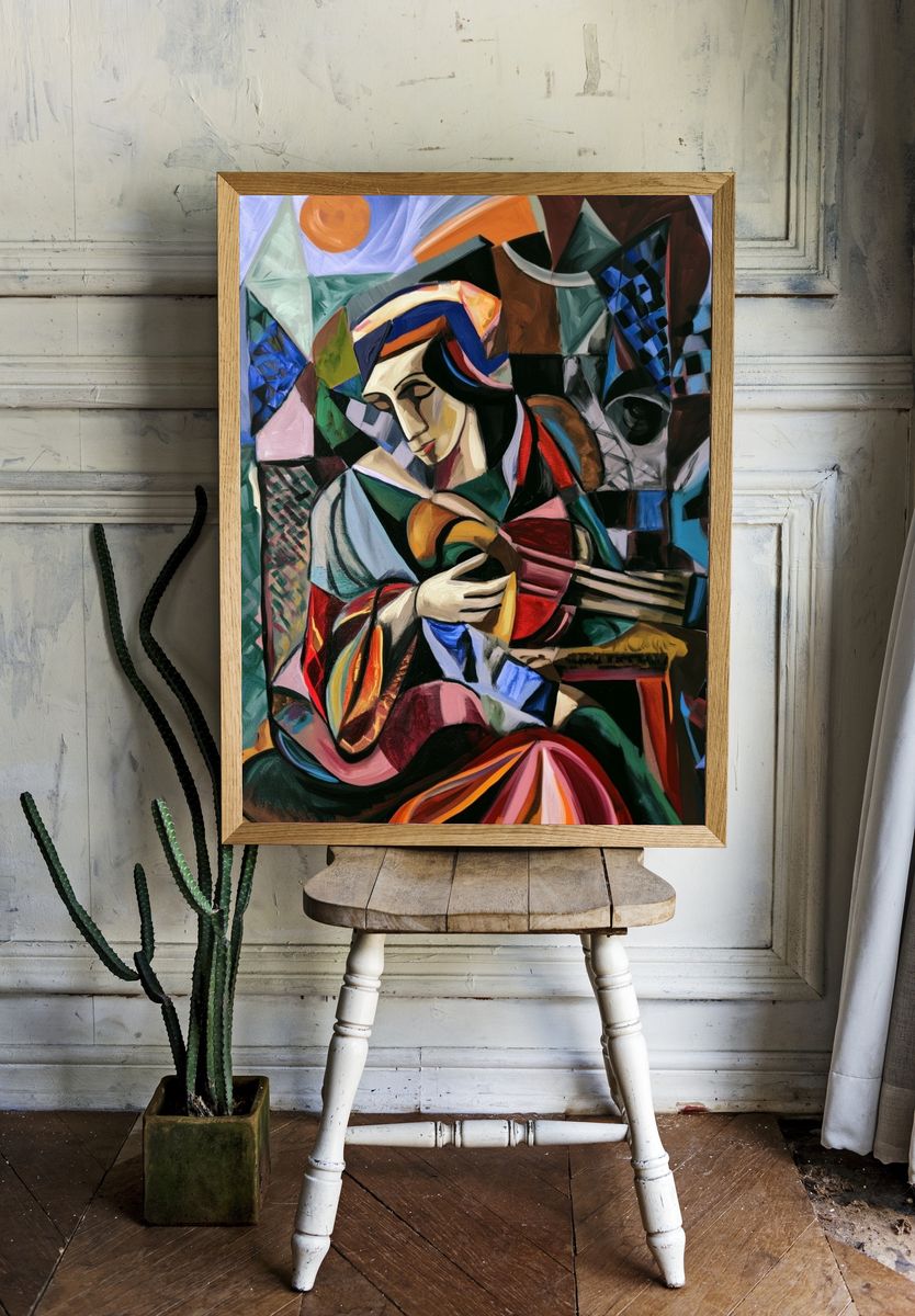 Cubist Guitar Player Fine-Art Print. room preview