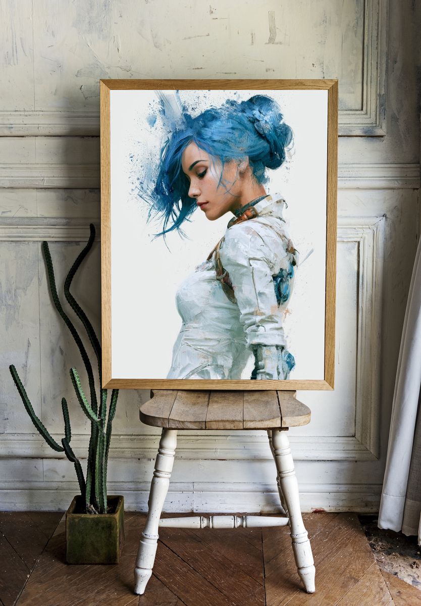 Blue-Haired Woman Portrait Print. room preview