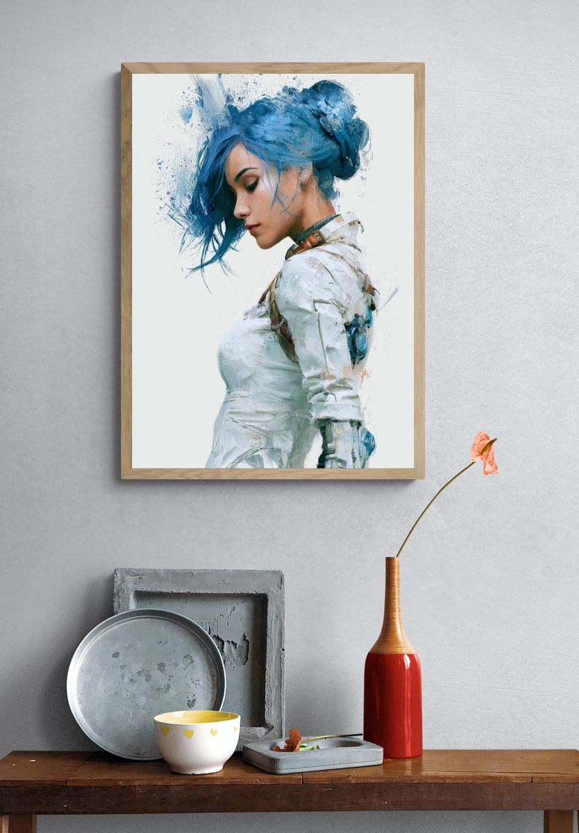Blue-Haired Woman Portrait Print. — room view 3