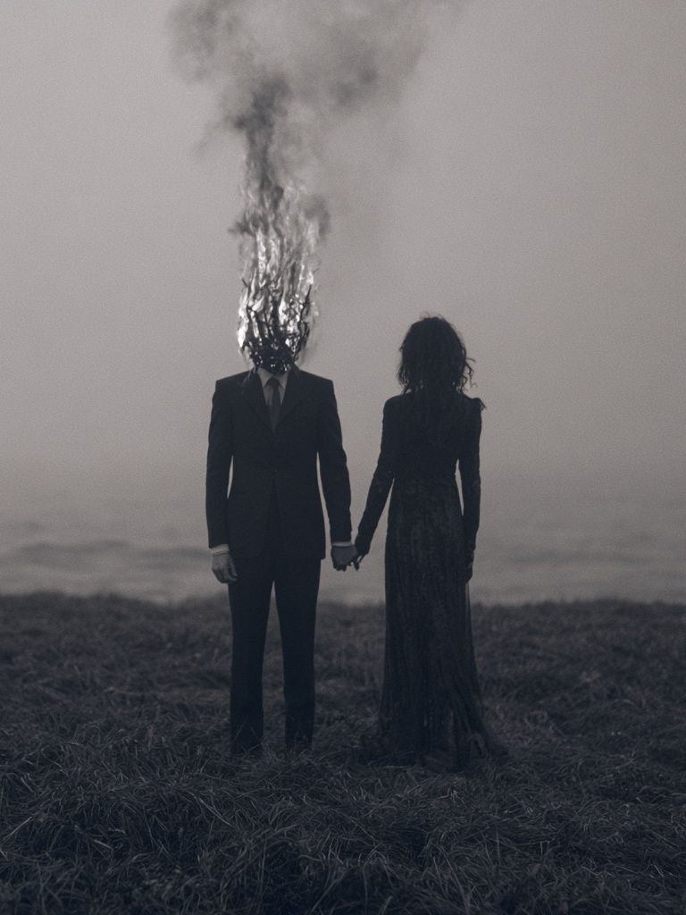 Burning Head Couple Surrealism Print. poster — fine-art art