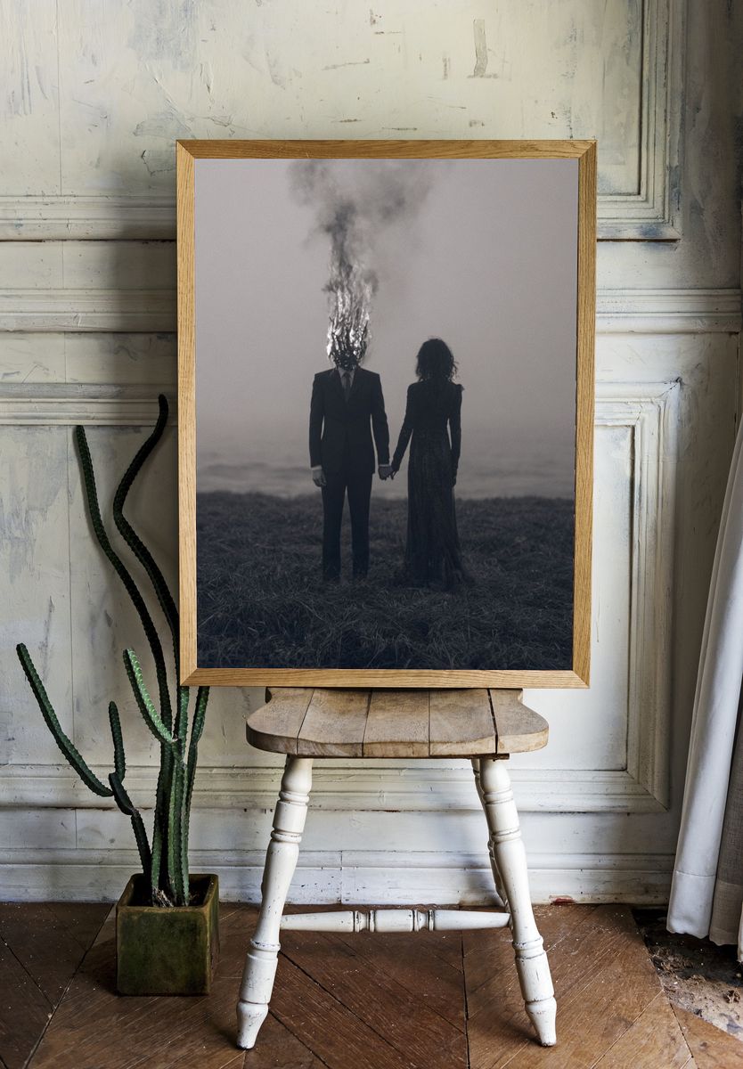 Burning Head Couple Surrealism Print. — room view 1