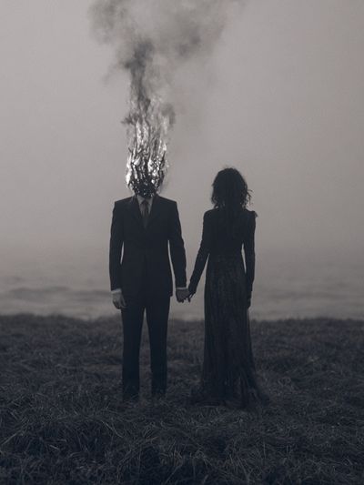 Burning Head Couple Surrealism Print.