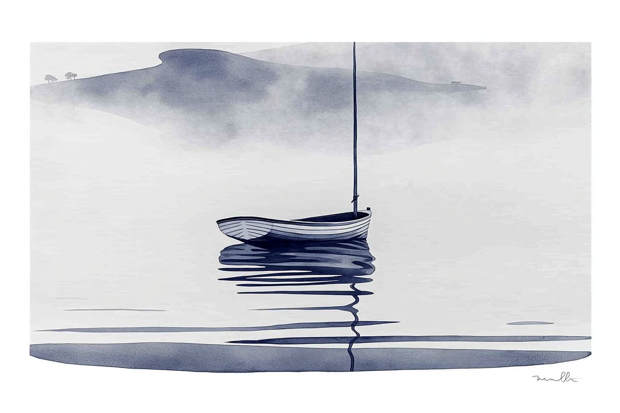 Solitary Boat Mist Print. poster — fine-art art