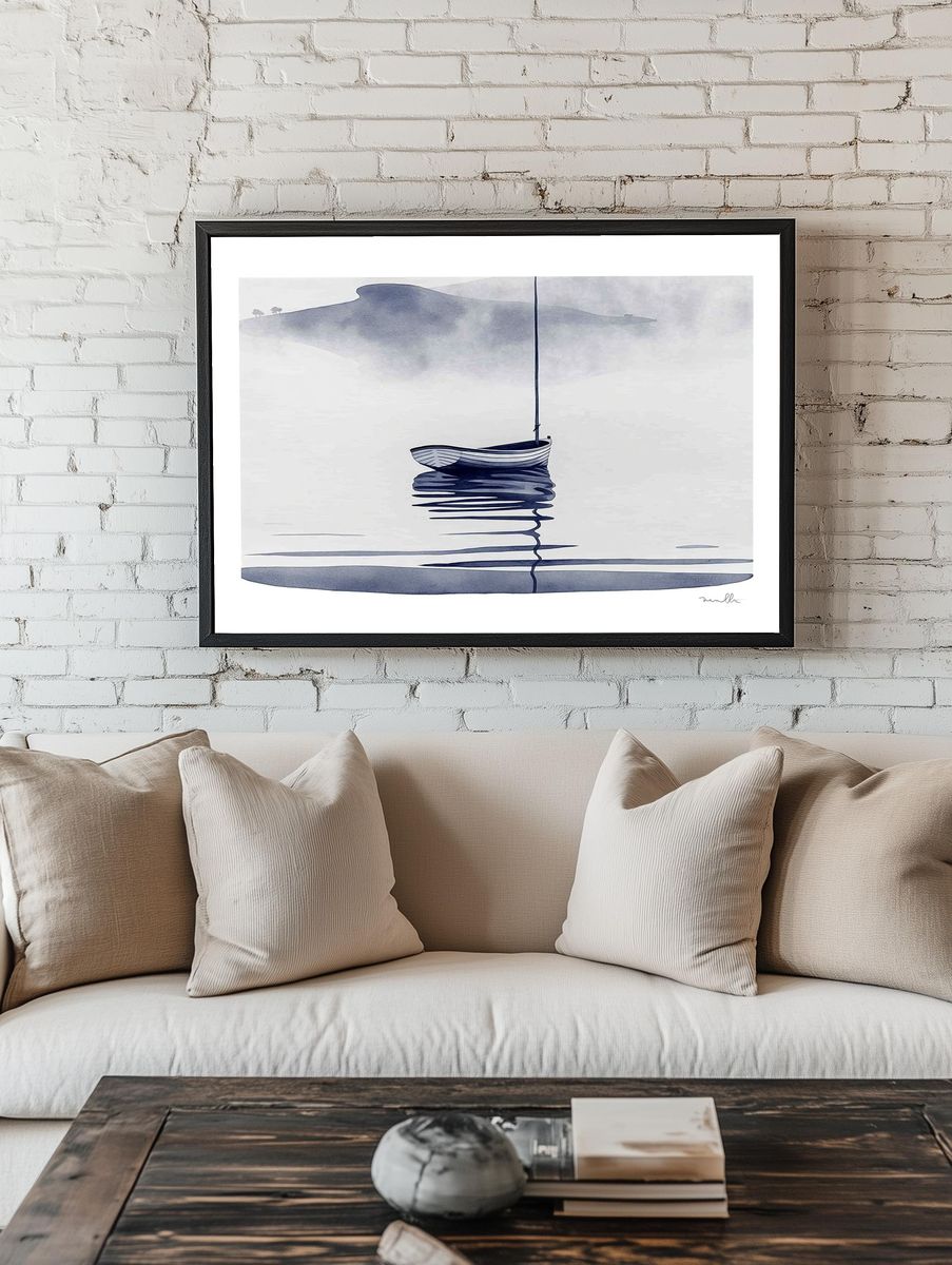 Solitary Boat Mist Print. room preview