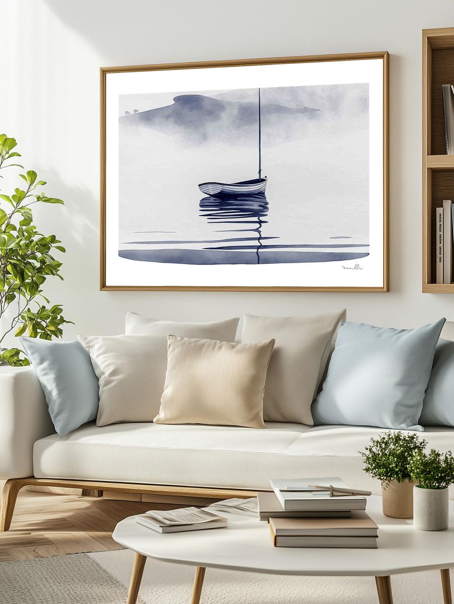 Solitary Boat Mist Print. — room view 2