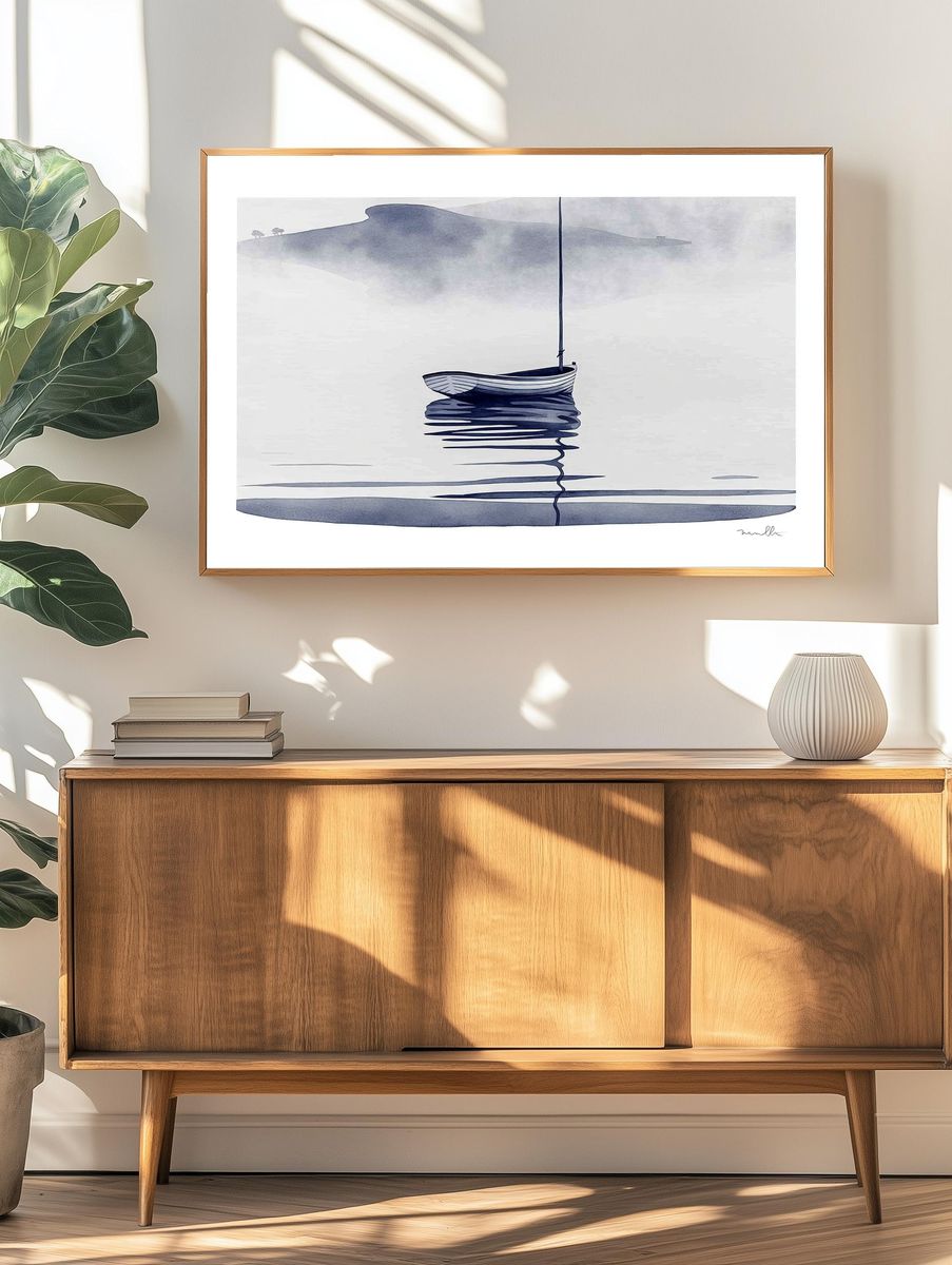 Solitary Boat Mist Print. — room view 3