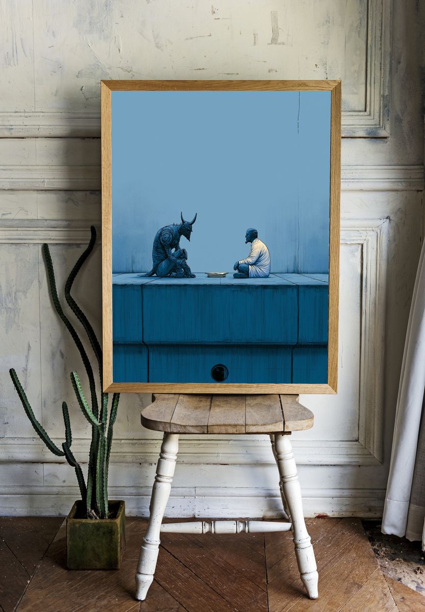 Blue Surreal Encounter Print. — room view 1