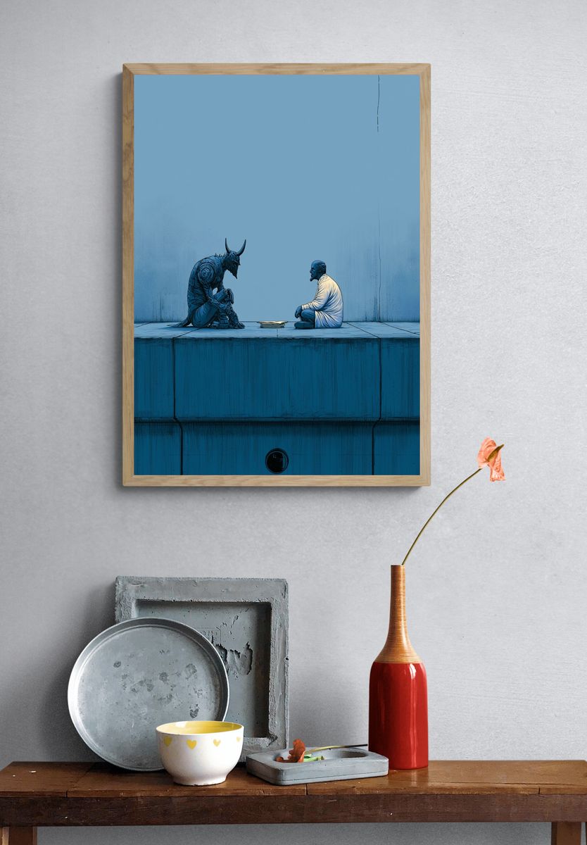 Blue Surreal Encounter Print. — room view 3