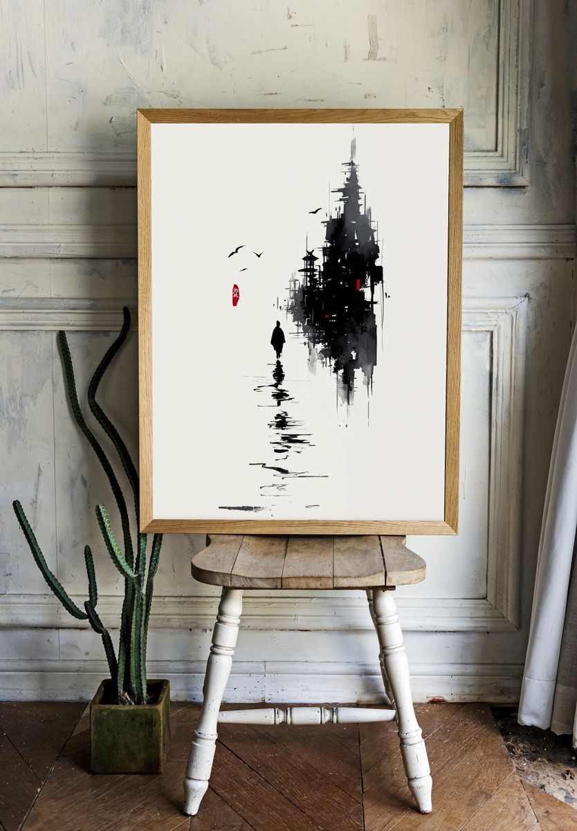 Japanese Ink Cityscape Poster. room preview
