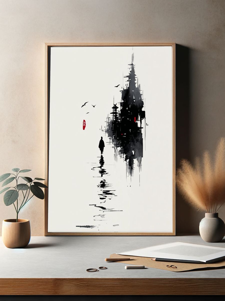 Japanese Ink Cityscape Poster. — room view 2
