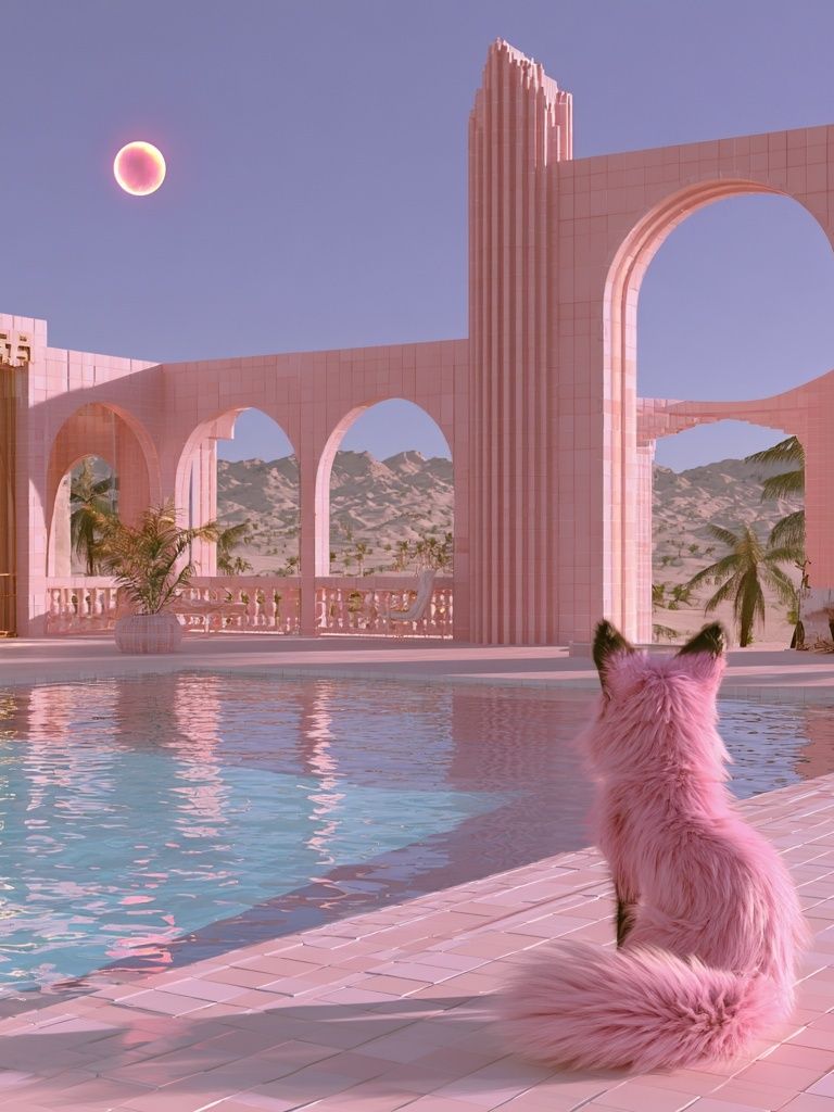 Pink Cat by the Pool Poster. poster — fine-art art
