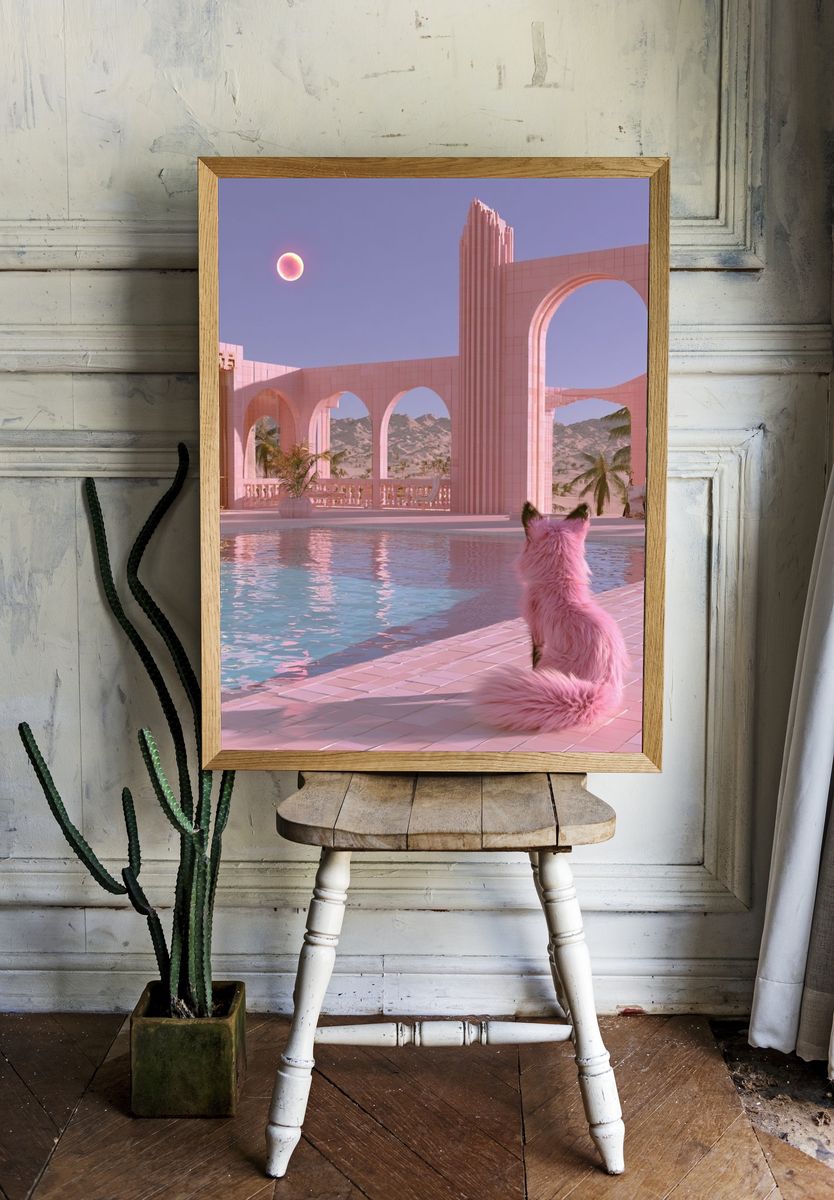 Pink Cat by the Pool Poster. room preview