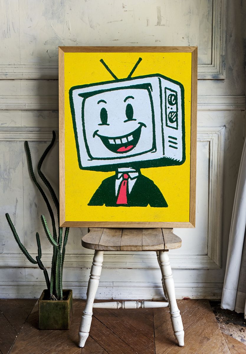 Smiling TV Head Cartoon Print. room preview