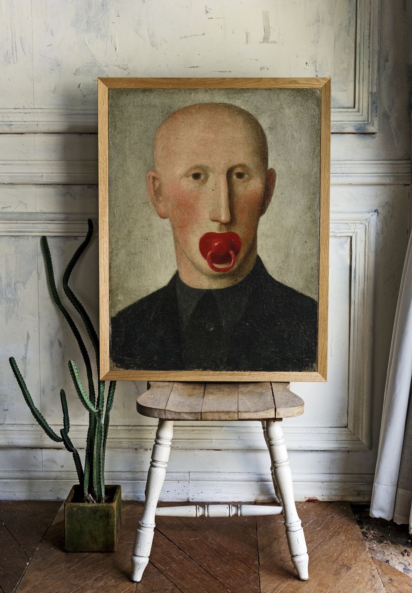 Surreal Portrait with Red Pacifier Print. room preview